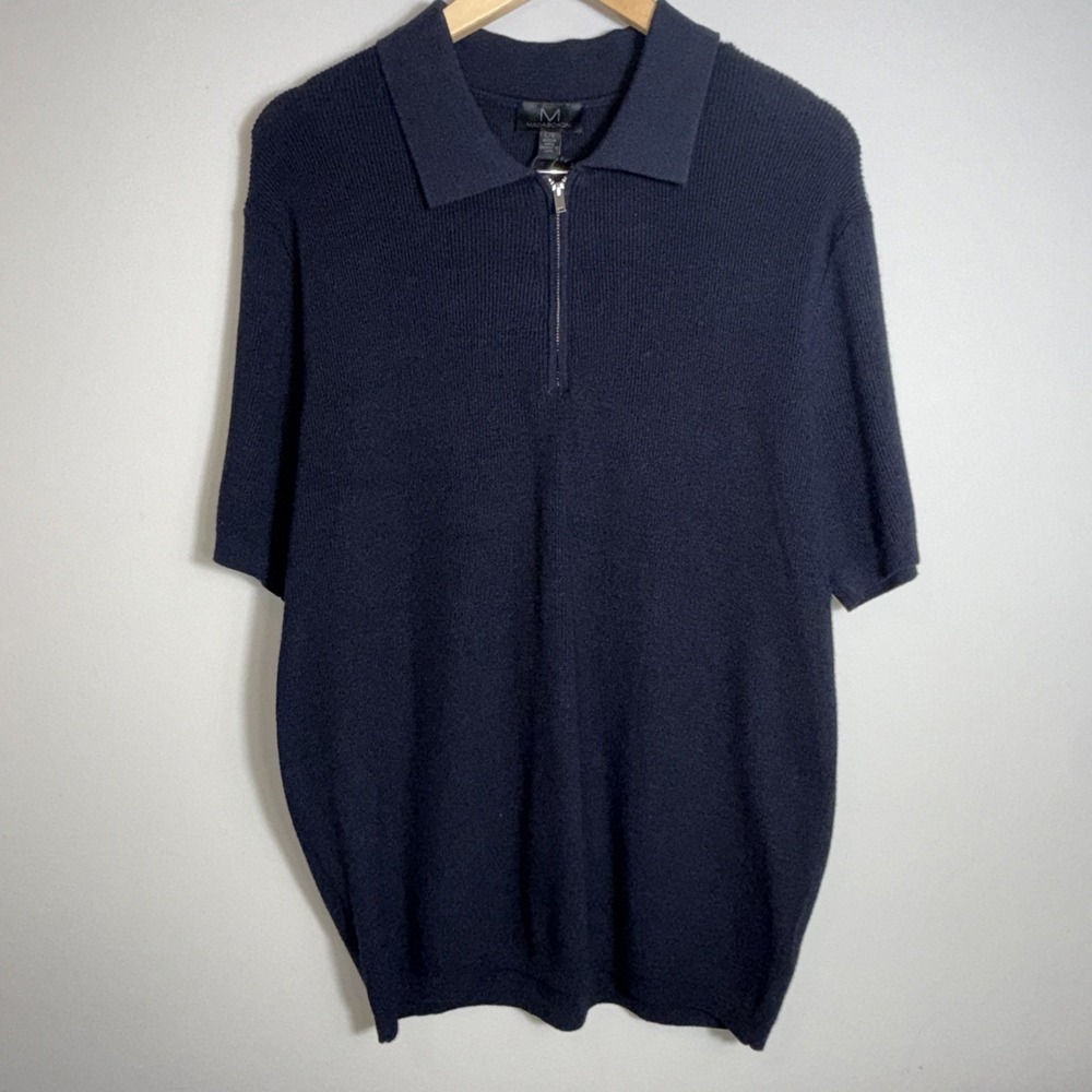 Magaschoni Mens Ribbed Quarter Zip Knit Top Stretch Navy Blue Large Short Sleeve